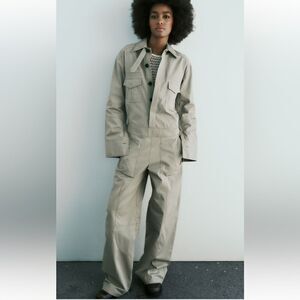 ZARA NEW WOMAN GABARDINE JUMPSUIT GREENISH XS 2024 cargo sexy fitted casual chic